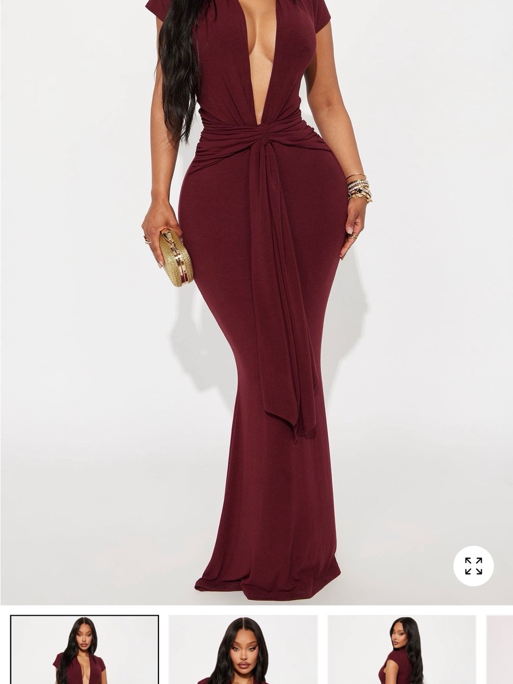 Fashion Nova Deep V Knot-Front Maxi Dress in Burgundy